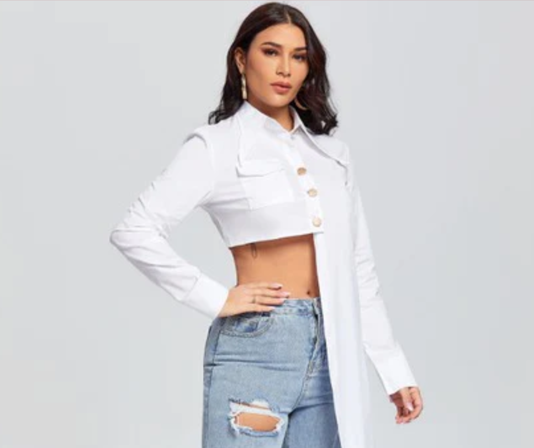 Asymmetric Cut Crop Shirt Tops